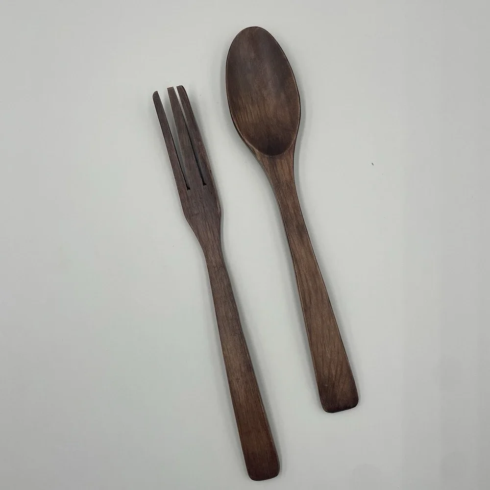 Vintage 10” Wooden Folk Art Hand Carved Fork and Spoon Set Salad Server Cottage